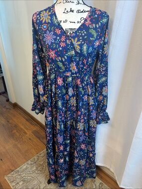 Simply Southern Mila Navy Floral Maxi Dress with Multicolor Print NWT lined